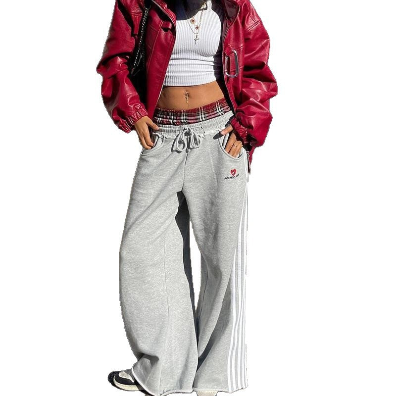 Casual Side Three-bar Stitching Plaid Loose Wide Leg Straight Sweatpants