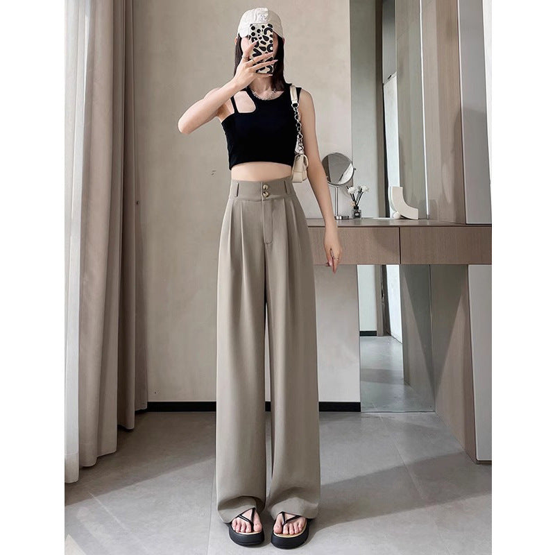 High-end Drape Suit Pants For Women High Waist Straight Ice Silk Narrow Version Wide Leg Long Pants