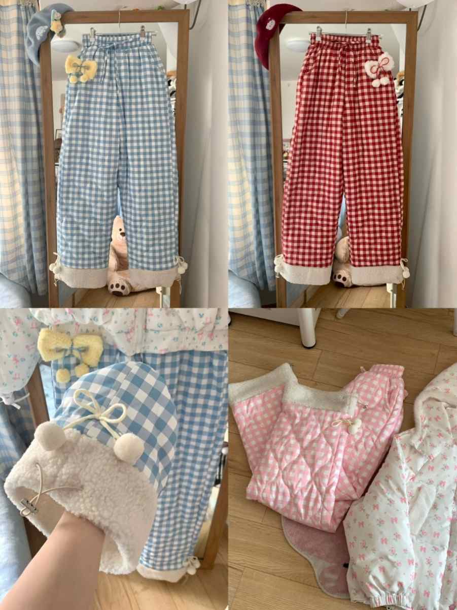 Korean Style Floral Insulation With Thick Fleece And Cotton Pants For Women