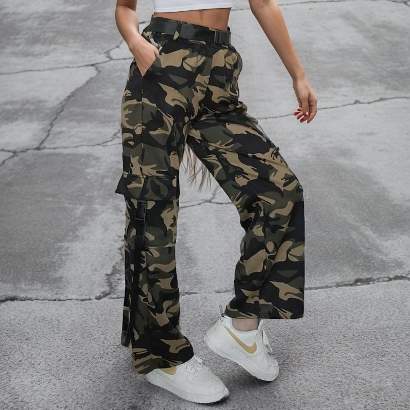 Multi-pocket Lace-up Loose Street Straight-leg Trousers