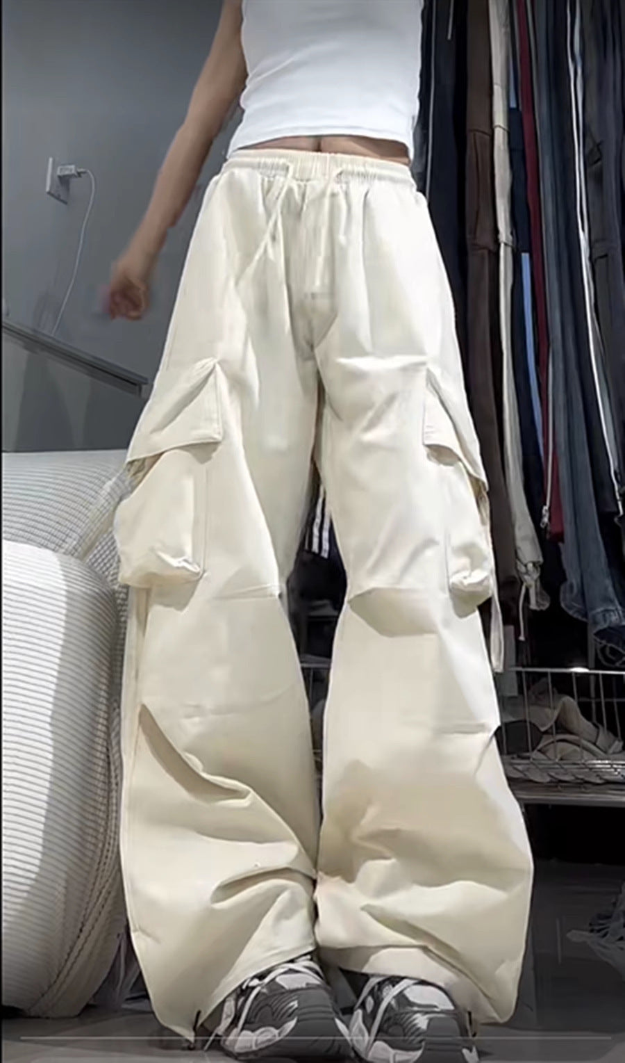 Retro Workwear Casual Pants For Women High Waist Straight Wide Leg Trousers Design Loose Mopping Pants