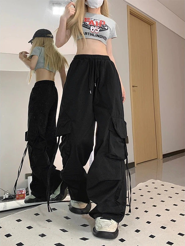 Retro Workwear Casual Pants For Women High Waist Straight Wide Leg Trousers Design Loose Mopping Pants