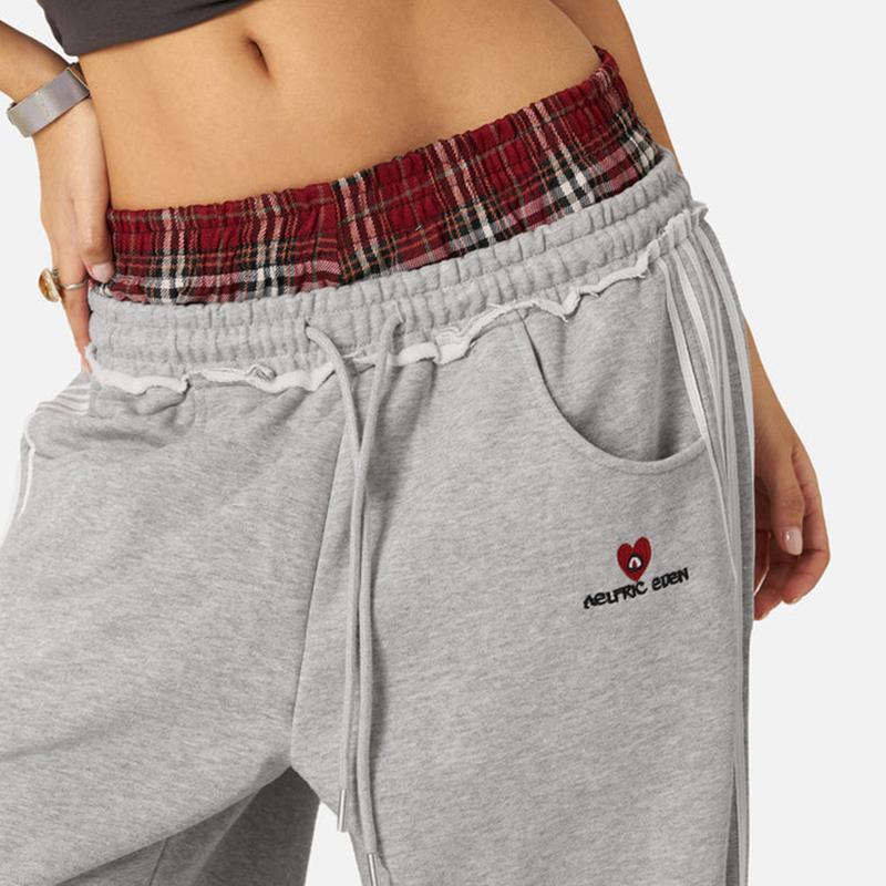 Casual Side Three-bar Stitching Plaid Loose Wide Leg Straight Sweatpants