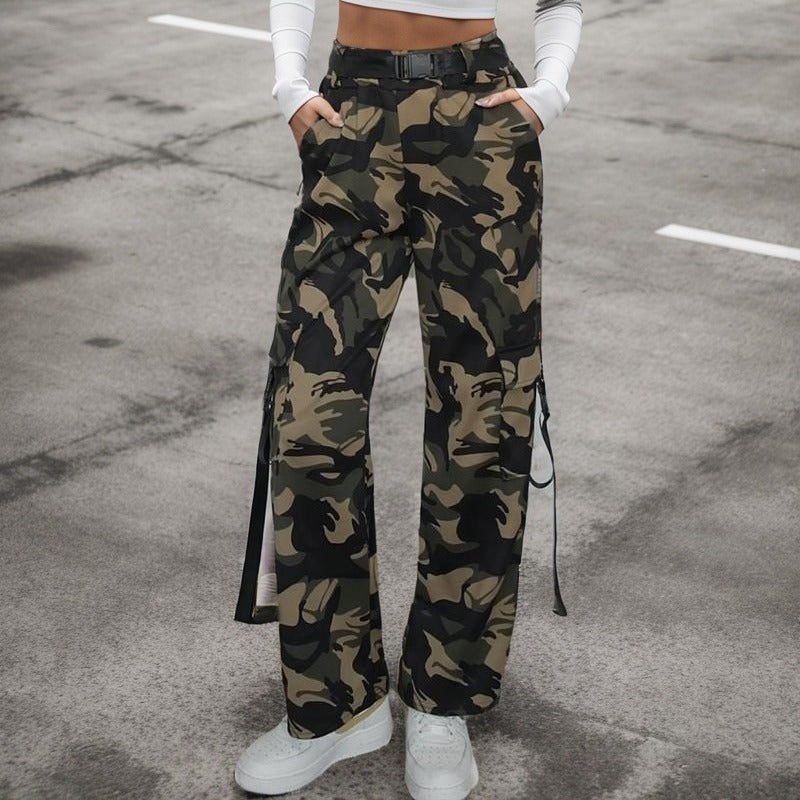 Multi-pocket Lace-up Loose Street Straight-leg Trousers