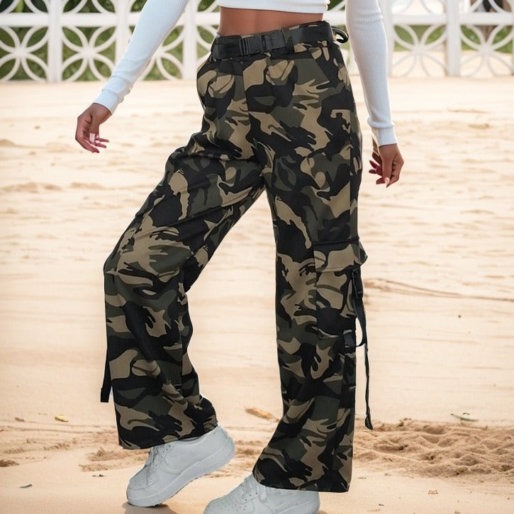Multi-pocket Lace-up Loose Street Straight-leg Trousers