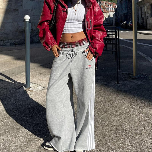Casual Side Three-bar Stitching Plaid Loose Wide Leg Straight Sweatpants